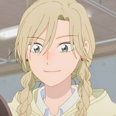 an anime character with long blonde hair and blue eyes, wearing a white shirt is looking at the camera