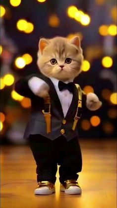 a cat dressed in a tuxedo and bow tie