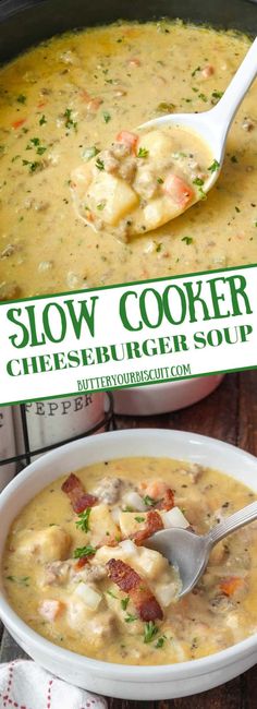 a bowl of slow cooker cheeseburger soup with a spoon in it