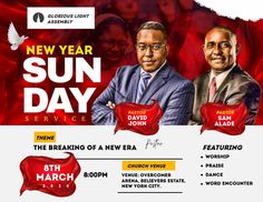 an ad for the new year sun day service with two men in suits and ties