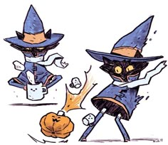 two cartoon cats dressed in witches and pumpkins