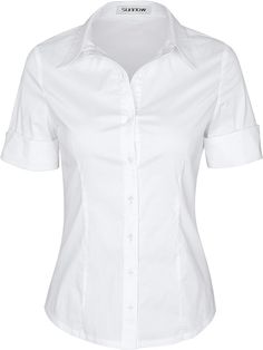 SUNNOW Womens Button Down Shirts Tailored Short Sleeve Shirt Basic Simple Stretch Wrinkle Free Formal Work Blouses White at Amazon Women’s Clothing store Uniform Shirts, Women's Button Down Shirt, White Button Down Shirt, Tailored Shorts, Stretchy Tops, Simple Shirts, Tailored Shirts, Collar Blouse, Work Blouse