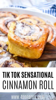 cinnamon rolls on a plate with text overlay that reads, tik tok sensational cinnamon roll