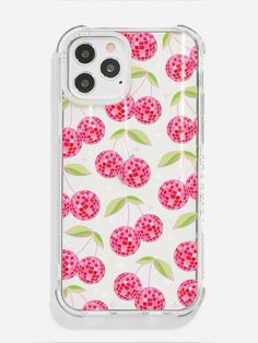 an iphone case with cherries and leaves on the front, in pink plaid fabric