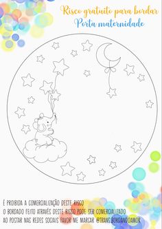 a coloring page with stars and a teddy bear in the moon on it, surrounded by confetti