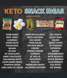 the keto snacks list is shown on a chalkboard with ingredients and instructions to make it