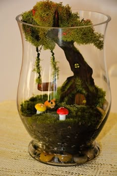 a glass vase filled with moss and mushrooms