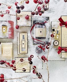 the contents of an assortment of perfumes are laid out on a white surface with red ribbon