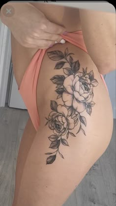 Side Thigh Flower Tattoo, High Hip Tattoo, Rose Thigh Tattoos Women, Big Hip Tattoos Women, Side Hip Tattoos Unique, Side Leg Tattoos Women Thighs, Thigh Hip Tattoo Women Unique, Buttock Tattoo For Women, Hip Tattoos Women Side Thighs