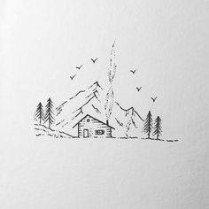 a drawing of a cabin in the woods with birds flying over it and trees on either side