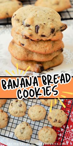 chocolate chip banana bread cookies are stacked on top of each other with the text overlay