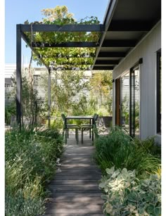 a wooden walkway leading to an outdoor dining area with green plants and greenery on either side