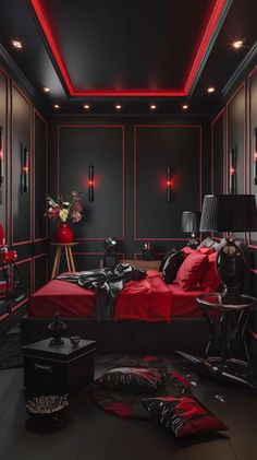 a bed room with a neatly made bed and red lights