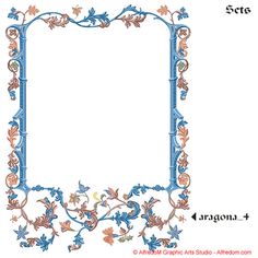 an ornate blue frame with flowers and leaves on it, in the shape of a rectangle