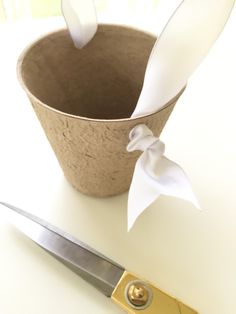 a pair of scissors sitting next to a cup with tissue paper in it on a table