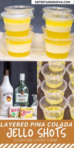 Layered Pina Colada Jello Shots (With Coconut Cream Pudding) Coconut Rum Jello Shots, Fun Summer Treats, Party Jello Shots, Tequila Jello Shots