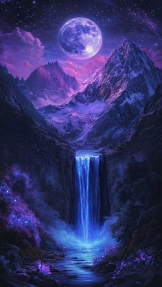 a painting of a waterfall in the mountains under a full moon