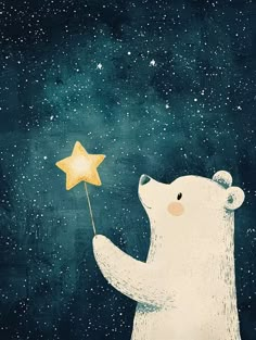 a polar bear holding a star in the night sky