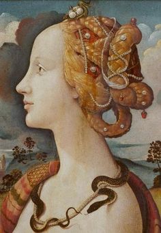 a painting of a woman with an octopus on her head and snake around her neck