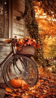 a bicycle parked next to a house with autumn leaves on the ground and pumpkins