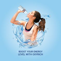 a woman drinking water from a bottle with the words, boost your energy level with oxygen