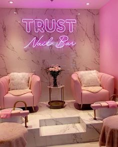 Trust Nail Bar Neon Sign Desain Salon Kuku, Pink Nail Salon, Nail Room Ideas, Nail Salon Interior Design, Nail Salon Interior, Beauty Room Salon, Esthetician Room Decor, Esthetics Room, Spa Room Decor