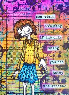 a drawing of a girl standing in front of a wall with words written on it