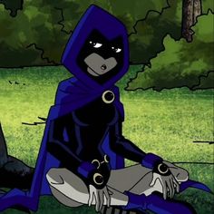 a cartoon character sitting on the ground with her legs crossed and wearing a blue outfit