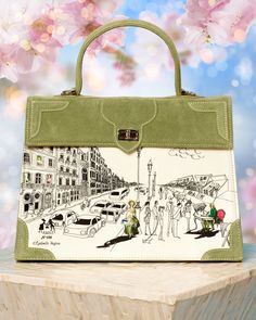 Marquise Marquise Voltaire La Vie Parisian Top Handle Shoulder Bag in Khaki Green-Front View Handbags Handmade, Sash Belts, Green Suede, Pink Suede, Green Satin, Pillow Gift, Marie Antoinette, Cute Bags, Leather Belts