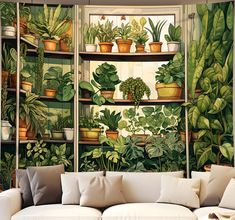 a living room filled with furniture and lots of potted plants on the wall next to a window