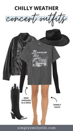 a woman wearing black boots and a t - shirt with the words chilly weather concert outfits