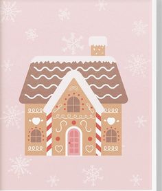 a gingerbread house with snowflakes and hearts on the roof is framed in pink