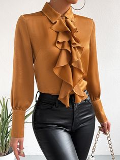 Brown Elegant Collar Long Sleeve Satin Plain Shirt Embellished Non-Stretch  Women Tops, Blouses & Tee Shomiz 2023, Silk Blouse Outfit, Butterfly Legs, Satin Shirts, Outfit Chic, Satin Shorts, Plain Shirt, Trending Fashion Outfits, Satin Shirt