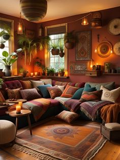 a living room filled with lots of furniture and plants on top of the couches