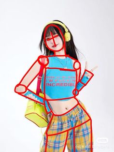 a woman in plaid pants and a blue shirt with red lines on her body is holding a yellow bag