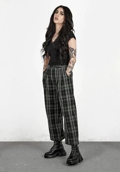 Bittersweet Check Pants – Disturbia Alternative Fall Fashion, Edgy Capsule Wardrobe, Stomper Boots, Smart Casual Jeans, Casual Goth, Check Pants, Academia Outfits, Cute Work Outfits, Alt Outfits