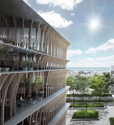 an artist's rendering of the exterior of a building with balconies and trees