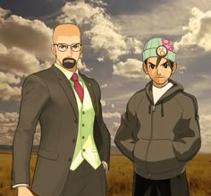 two men standing next to each other in front of a sky with clouds and grass