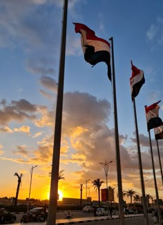 several flags are flying in the wind on a city street at sunset or dawn with clouds and palm trees