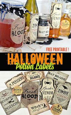 halloween bottle labels with the text free printable on them and an image of bottles filled with