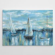 three sailboats floating in the water on a sunny day