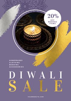 a poster for the diwali sale is shown in gold and purple with a candle