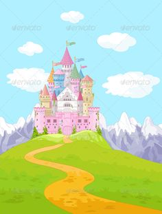 a cartoon castle on top of a hill with a path leading to it - buildings objects