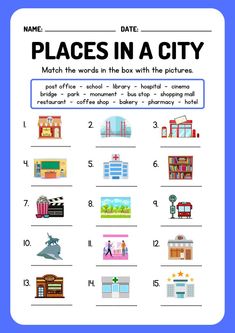 the worksheet for place in a city that includes pictures and words to help students learn