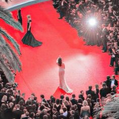 a woman is walking down the red carpet in front of an audience at a fashion show