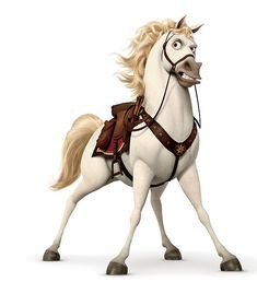 a white horse with blonde hair and saddle on it's back legs, standing in front of a white background