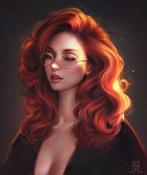 a woman with red hair and glasses is shown in this digital painting style image,