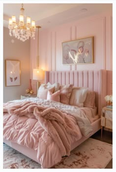 a bed with pink comforter and pillows in a bedroom next to a chandelier