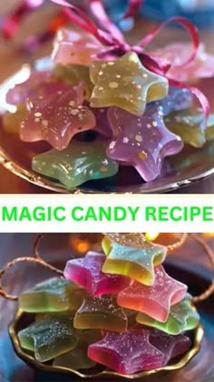 two pictures with different colored candies in them and the words magic candy recipe below