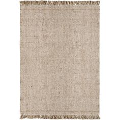 a beige rug with fringes on the top and bottom, against a white background